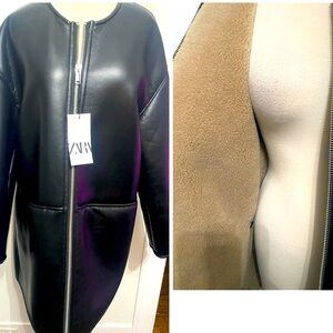 ZARA Double Face Black Faux Leather Coat - Size L - NEW